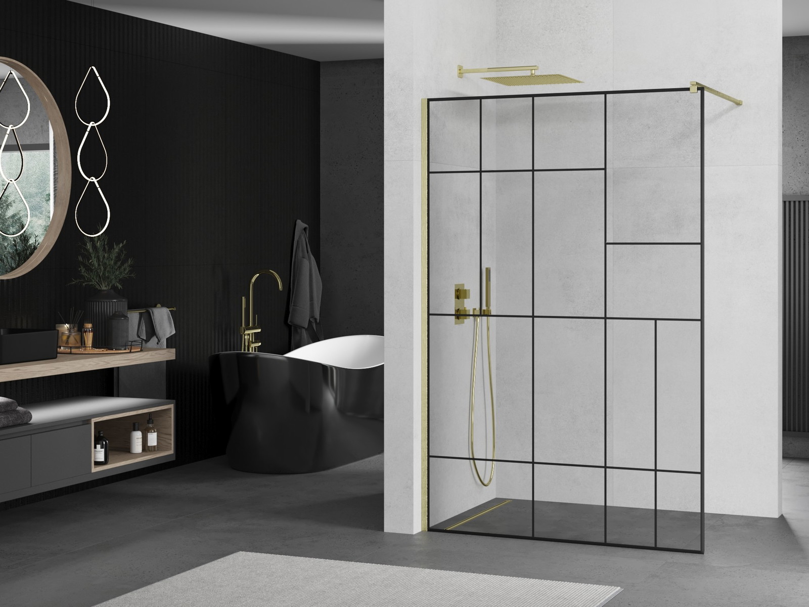 Mexen Kioto ścianka prysznicowa Walk-in 120 x 200 cm, czarny wzór 8 mm, złota szczotkowana - 800-120-101-55-78